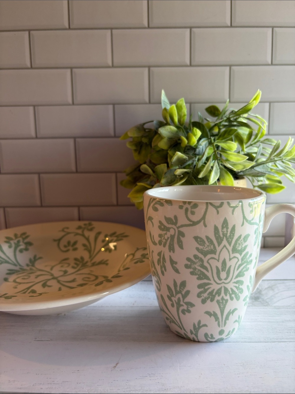Gorham White Ceramic Mug and Cereal bowl with Sage Green Damask Pattern